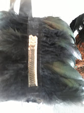 Load image into Gallery viewer, Black feather cape with gold detail. close up.
